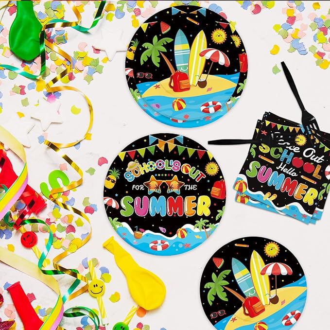 96 Pcs School's Out for The Summer Decorations Peace Out School Hello Summer Plates and Napkins End Of The School Year Tableware Set for Kids Class Of 2025 Preschool Graduation Party Supplies Serve 24