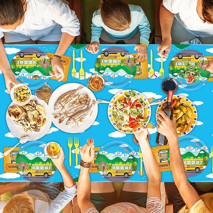 61 Pcs School Bus Party Supplies Back to School Birthday Tableware Set Bus Plates Napkins and Tablecloth Transportation Themed Decorations for Preschool Kindergarten Baby Shower Serves 20 Guests