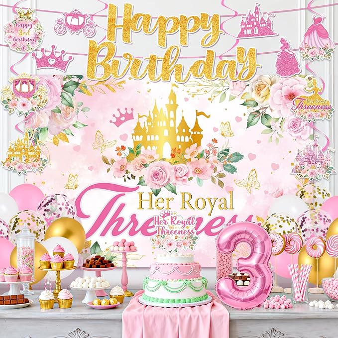 Princess 3rd Birthday Party Decorations, Her Royal Threeness Birthday Banner Pink Princess Backdrop Banner Hanging Swirls Balloons Cake Topper for 3 Years Old Girl Bday Party Supplies
