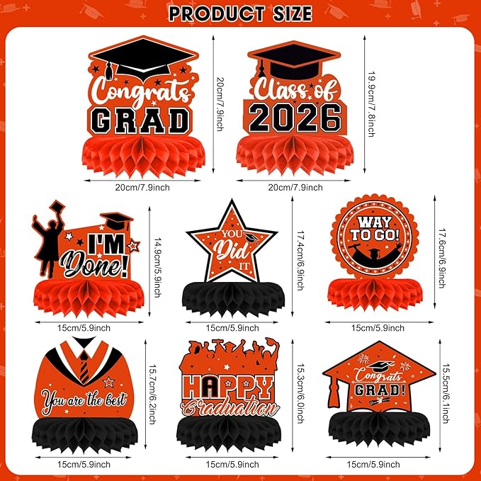 8 Pieces Class of 2026 Graduation Table Decorations - 2026 Congrats Grad Honeycomb Centerpieces, Graduation Table Toppers Decor for 2026 Graduation Party Decorations Favor Supplies, Orange