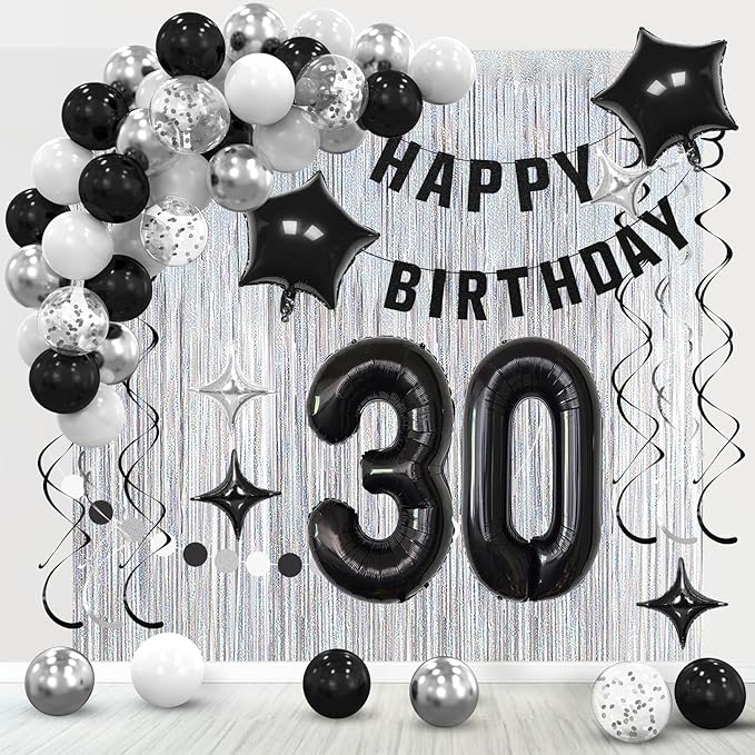30th Birthday Decorations for Boys Girls, Silvery and Black Happy 30th Birthday Banner ,Number 30 Balloons Arch Kit for 30 year old Birthday Party Decorations