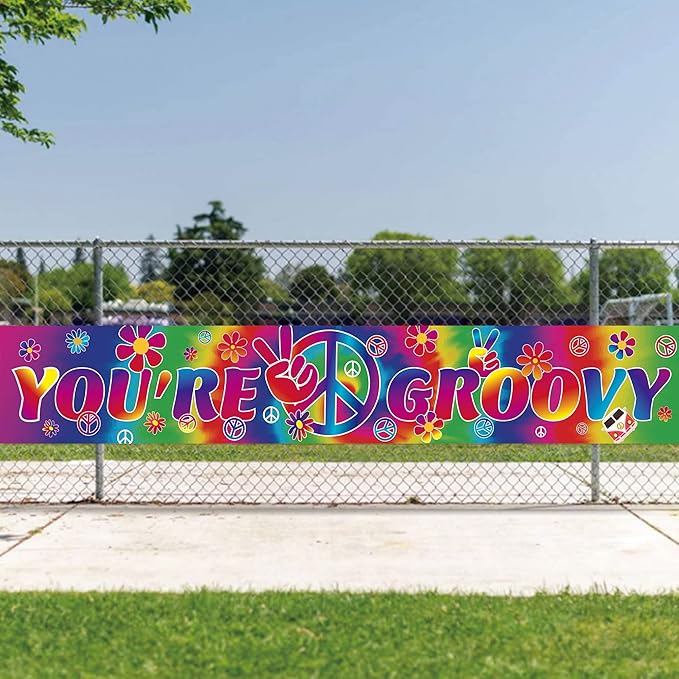 Groovy Long Banner with 118X19.7 inch,60's Carnival Groovy Party Decoration Banner Photography Backdrop Supplies for Retro Hippie Decorations