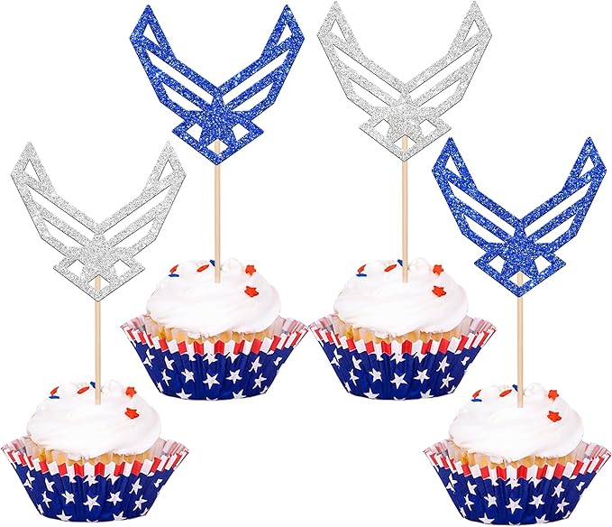 24 Pack Emblem Cupcake Toppers Glitter Army Navy Air Force Cupcake Picks for Congrats Retirement Army Military Theme Birthday Cake Decorations Party Supplies Blue Silver