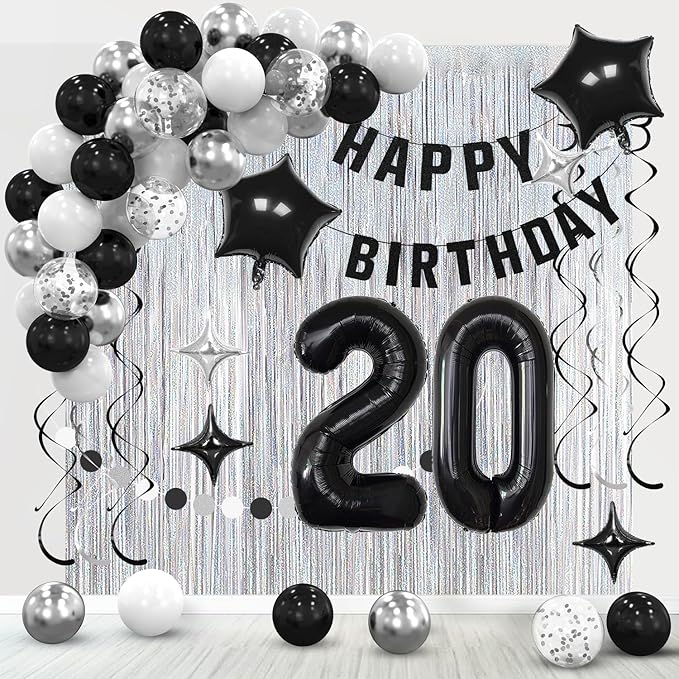 20th Birthday Decorations for Boys Girls, Silvery and Black Happy 20th Birthday Banner,Number 20 Balloons Arch Kit for 20 year old Birthday Party Decorations