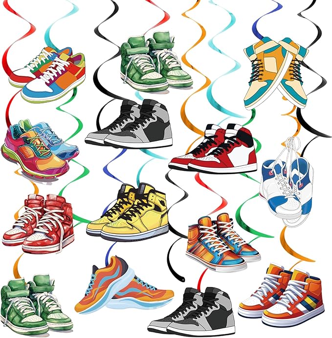 24Pcs Sneaker Hanging Swirls, Sneaker Party Decorations, Sneaker Shoes Ceiling Swirls Streamer Decorations for Sport Shoes Birthday Baby Shower Decor Supplies