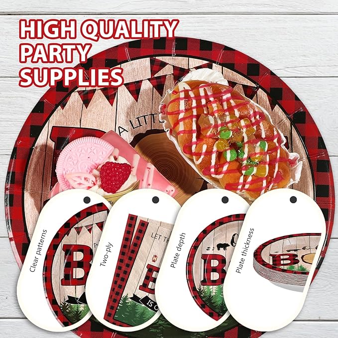Lumberjack Baby Shower Party Decorations Buffalo Plaid Lumberjack Baby Boy Shower Plates and Napkins Set Wild Bear Forest A Little Baby Boy Decoration for Boys Camping Hunting Bear Supplies Serve 24