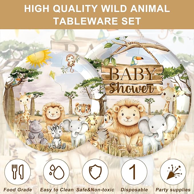 120 Pcs Safari Baby Shower Decorations Jungle Disposable Paper Plates Napkins Cups Themed Party Decorations Wild Animal Party Supplies