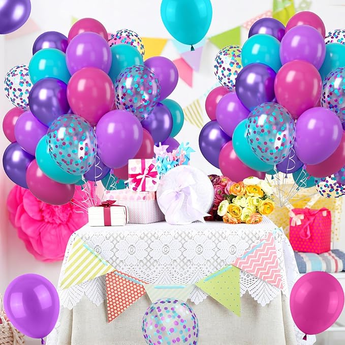 Hot Pink Blue Purple Balloons, 50PCS 12Inches Hot Pink Purple Teal Latex Balloon with Confetti Metallic Balloons for Girls Women Theme Birthday Baby Shower Wedding Party Decoration