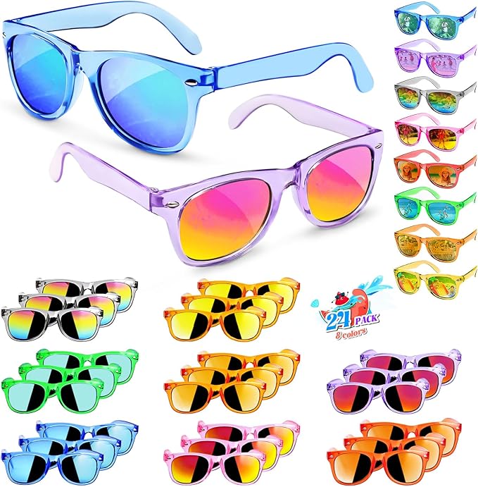 GKTZ Kids Sunglasses Party Favors - Boys Girls Age 3-8 Birthday Goodie Bags Stuffers, Neon Sunglasses with UV 400 Protection for Kids Classroom Favors - 24 Packs