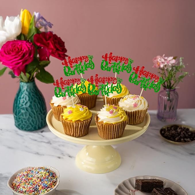 Ephlyn 24Pcs Happy Birthday Cupcake Toppers Double Layer Glitter Happy Birthday Cake Decorations for Christmas Theme Baby Shower Anniversary Party Decorations Supplies Red Green