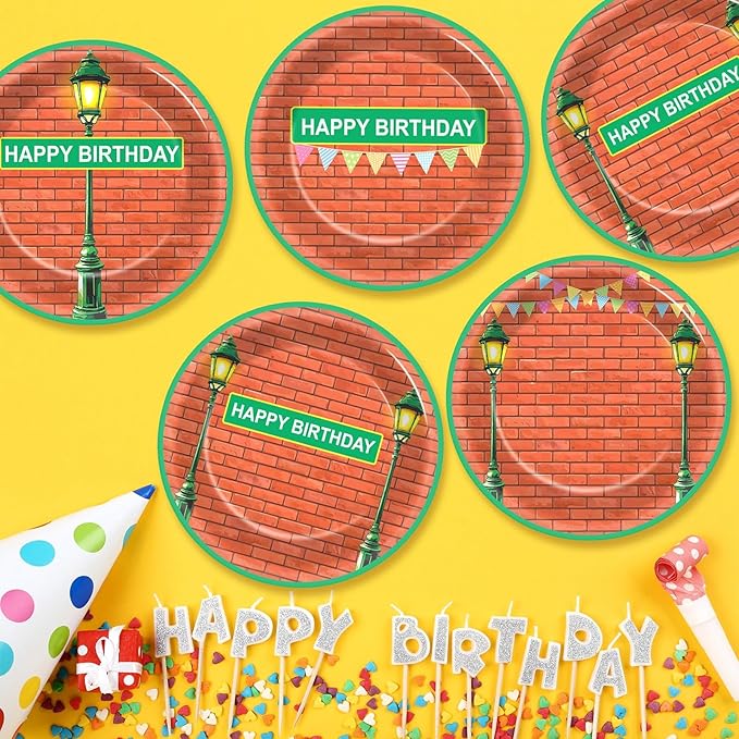 48Pcs Red Brick Wall Street Birthday Party Supplies 7" Modern Cartoon Street Paper Plates Disposable Dessert Plates Dinnerware Tableware for Birthday Baby Shower Kids Cartoon Theme Party Decorations