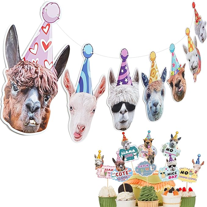 25 Pcs Llama Birthday Banner Garland Funny Decorations Include 1 Pcs Garland and 24 Alpaca Face Cake Cupcake Topper Llama Birthday Decorations Portrait Bunting Cactus Hilarious Bday Party Supplies