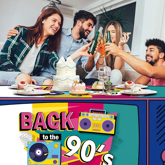 Oudain 6 ft 90s Theme Tablecloth 72 x 30'' Nostalgia Style Rectangle TV Table Cover Washable Fabric Polyester for Retro Back to The 90s Party Decorations Throwback Party Decorations