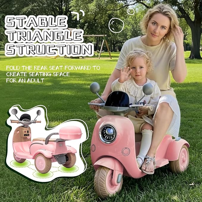 HEIMILI 12V Kids Electric Motorcycle for Girls, 3 Wheel Ride On Motorcycle for Kids 3-5 Years, Mini Battery Powered Motorbike with Bluetooth & MP3, Toddler Electric Ride On Toy, Pink