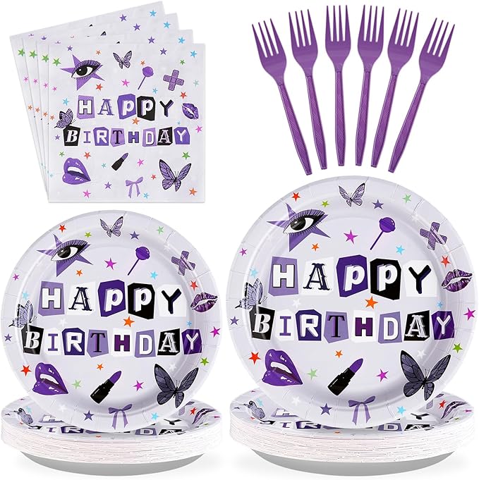 Grencian 96Pcs Purple Music Birthday Party Decorations for Girls Purple Birthday Plates and Napkins Disposable Paper Tableware Set for Vocalist Music Tour Concert Fans Gathering, Serves 24