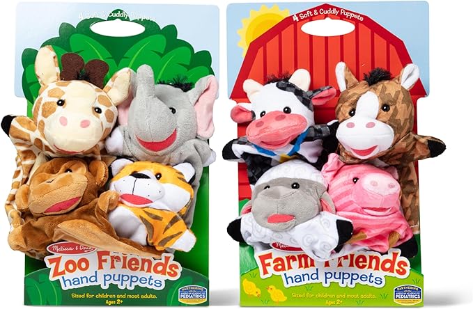 Melissa & Doug Animal Hand Puppets (Set of 2, 4 Animals in Each) - Zoo Friends and Farm Friends