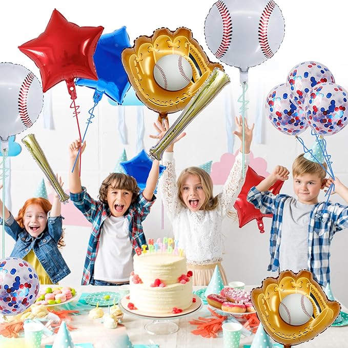 Baseball Party Balloons,Baseball Glove Jumbo Foil Mylar Baseball Bat Balloons for Birthday Sports Theme Supplies,Confetti Red and Blue white Foil Balloon for Baby Shower Party Decoration