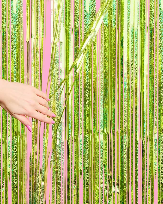xo, Fetti Party Decorations Lime Green Foil Curtain - Set of 2 | Bachelorette Party Supplies, Birthday Photo Booth, Margartia Bach Decor, Bridal Shower Backdrop