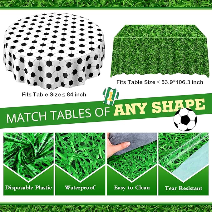 6 Pack Round Soccer Tablecloth 84 Inch Plastic Soccer Grass Party Decorations Disposable Grass Table Cloth Washable Disposable Circle Table Cover for Birthday Party Supplies Decoration