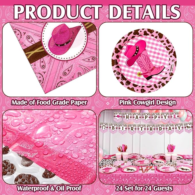 Gejoy 171 Pcs Western Cowgirl Birthday Party Tableware Supplies for 24 Guests Cowgirl Plates Napkins Birthday Banners Tablecloths Cups Knives Forks and Spoons for Party Decoration