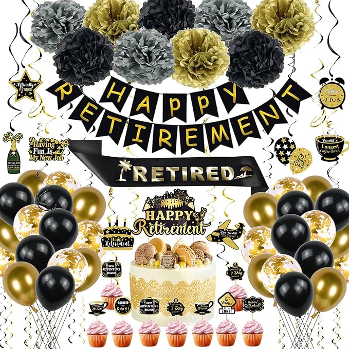 Retirement Party Decorations for Men Women, 92Pcs Black Gold Happy Retirement Decorations Include Balloons Retired Sash Banner Cake Toppers Hanging Swirls Paper Pompom Retired Party Supplies