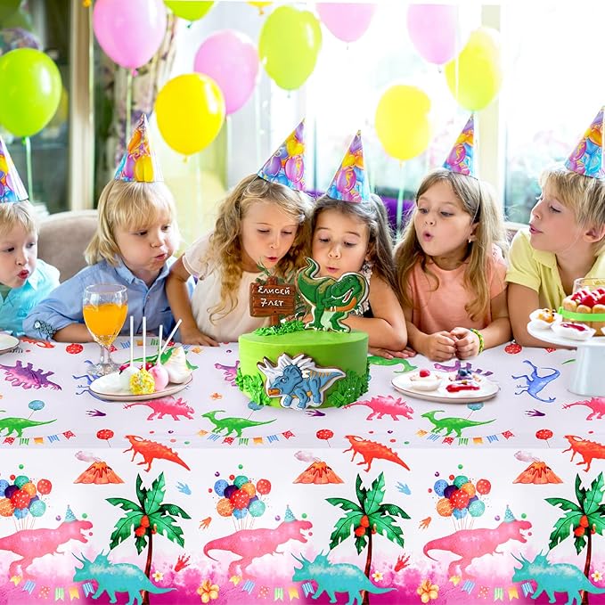 PHOGARY Pink Dinosaur Tablecloth - 3 Pack Plastic Table Cover, Girl's Party Supplies - Dino Theme Rex Decoration - 51" x 87"