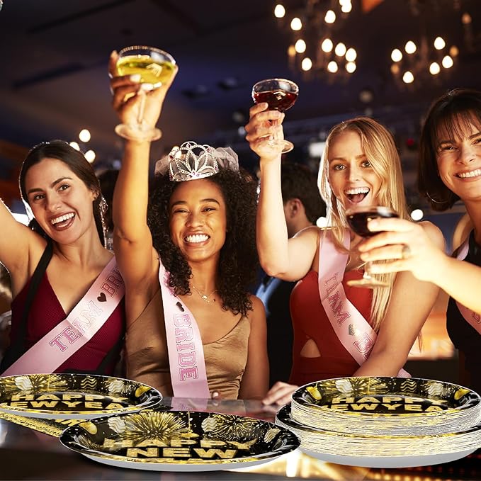Grencian 96 PCS New Years Eve Party Supplies 350 GSM Black and Gold Happy New Year Tableware Set 2025 Disposable New Years Eve Paper Plates and Napkins for 2025 New Year Party Decorations Serves 24