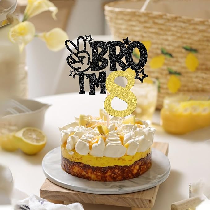 1 PCS Brother I'm 8 Cake Topper Glitter Star Happy 8th Birthday Cake Pick Bro I'm 8 Cake Decoration It's My 8th Birthday Decorations for Boys Cheers to 8 Years Old Birthday Party Supplies Gold