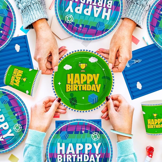 194pcs Video Game Birthday Party Decorations Party Plates Napkins Disposable Paper Cups Straws Banner Tablecloth Video Game Party Supplies Tableware Set for Kids Boys Birthday Decor 24 Guests