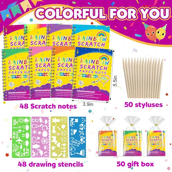 Party Favors for Kids 4-8-12: 48 Pack Scratch Rainbow Art Crafts Notebook, Coloring Book Goodie Bags Stuffers Kit, Bulk Birthday Easter Gift Classroom Prizes Girl Boy Toddler