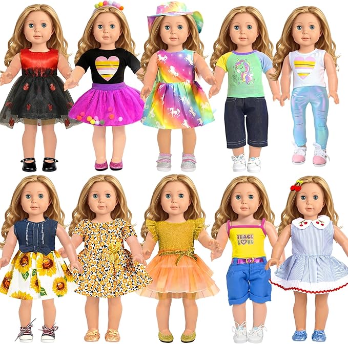 American 18 inch Doll Clothes Accessories, 18PCS Doll Clothes Outfit Dress for 18 inch, Valentine's Gift for Girls(10 Set)