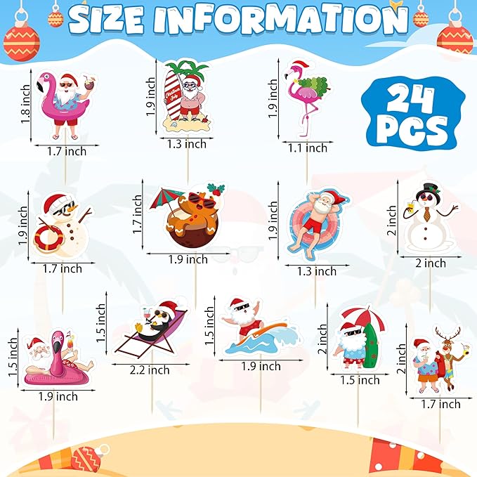 24Pcs Summer Christmas Cupcake Toppers, Santa Beach Cupcake Toppers for Xmas in July Decorations, Paper Summer July Christmas Cake Picks Flamingo Cake Topper Beach Pool Party Theme