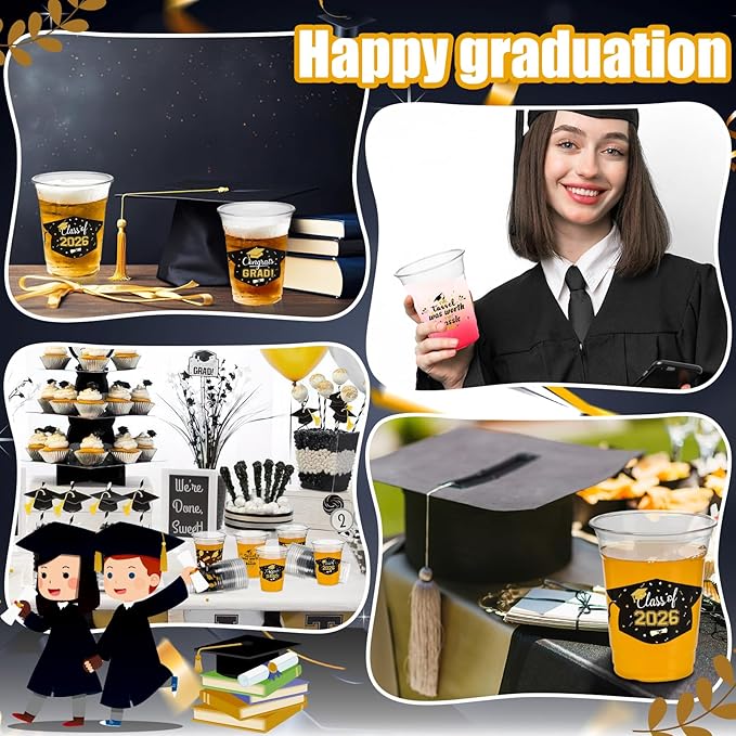 GuassLee Black and Gold Graduation Decorations 2026 Party Cups - 50pcs 12 Oz Black Gold Disposable Graduation Plastic Cups for Drinks Class of 2026 Grad Party Supplies