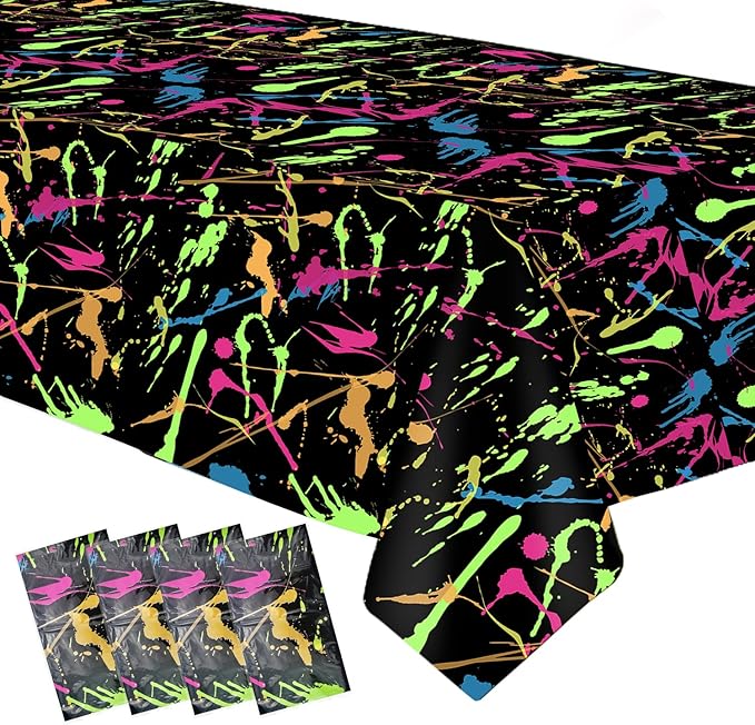 Neon Party Supplies Tablecloth - Disposable Glow Birthday Party Decorations Table Cover, Neon Glow Graffiti Theme Birthday Baby Shower Table Cloth - 4 Pack (54in x 108in)