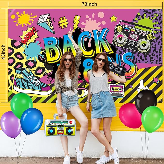 Xuhal 80's Party Decorations Back to the 80s Party Backdrop Banner with Inflatable Radio Boombox and Mobile Phone Latex Balloons for 80s Hip Hop Themed Birthday Photo Booth Background Party Supplies