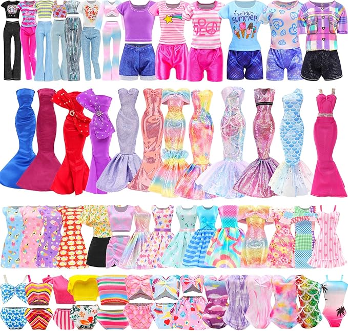 43 Pcs Doll Clothes & Accessories Include 2 Evening Dresses 5 Fashion Dress 5 Tops 5 Pants Chill Outfits 3 Swimsuits with 15 Pairs of Shoes 13 Accessories for 11.5 Inch Girl Dolls Clothing Set
