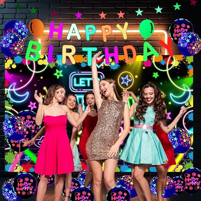 Neon Glow Party Decorations Supplies Include Neon Let's Glow Backdrop Glow in The Dark Party Supplies, 18Pcs Glow in the Dark Balloons and 1Pcs Glow Party Banner for Neon Birthday Party Decorations