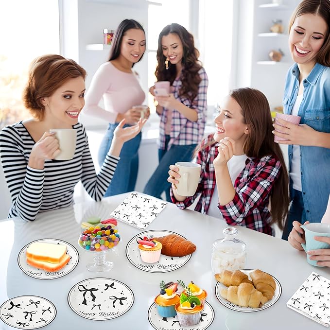 180Pcs Black Bow Birthday Party Supplies Paper Plates and Napkins Serve 60 Disposable Tableware Set for Birthday Party Decorations Game Day Family Holiday Sports Events