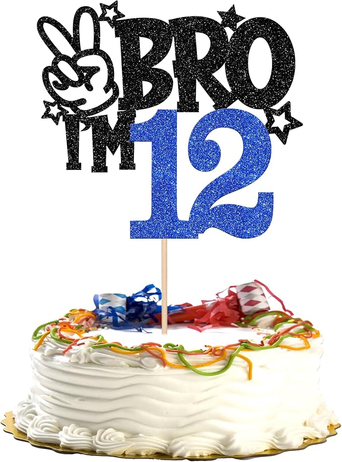 1 PCS Brother I'm 12 Cake Topper Glitter Star Happy 12th Birthday Cake Pick Bro I'm 12 Cake Decoration It's My 12th Birthday Decorations for Boys Cheers to 12 Years Old Birthday Party Supplies Blue