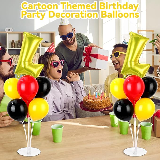 Cartoon Party Balloons Stand Kit 2 Sets With 2 Yellow Lightning Foil Balloons Centerpieces for Tables Video Games Party Red Black Yellow Balloon for Baby Shower Cartoon Game Theme Birthday Decorations