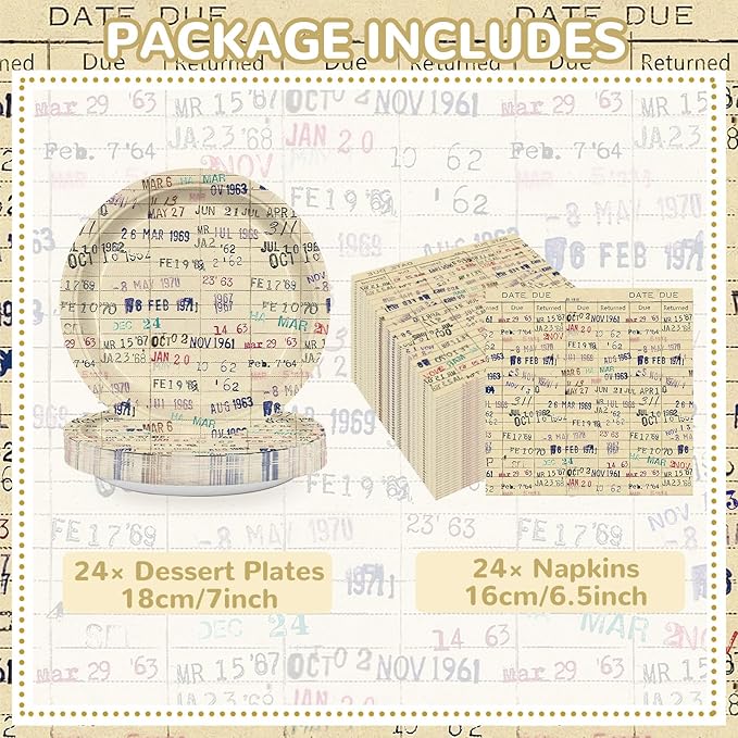 48 Pcs Due Date Card Book Club Vintage Beverage Napkins and plate Decorations Book Lovers Gifts or Reading Themed Dinnerware Party Supplies