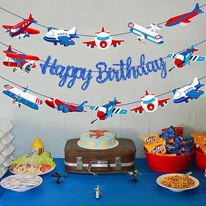 Airplane Birthday Party Supplies Pre-strung Airplane Banner Aviation Theme Birthday Decorations 3PCS Aircraft Plane Party Paper Banners for Helicopter Pilot Baby Shower Supplies