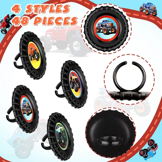 Chuangdi 48 Pieces Truck Cupcake Rings Monster Truck Cupcake Toppers Rings Colorful Car Monster Trucks Birthday Cake Decorations for Race Car Party Supplies 4 Styles