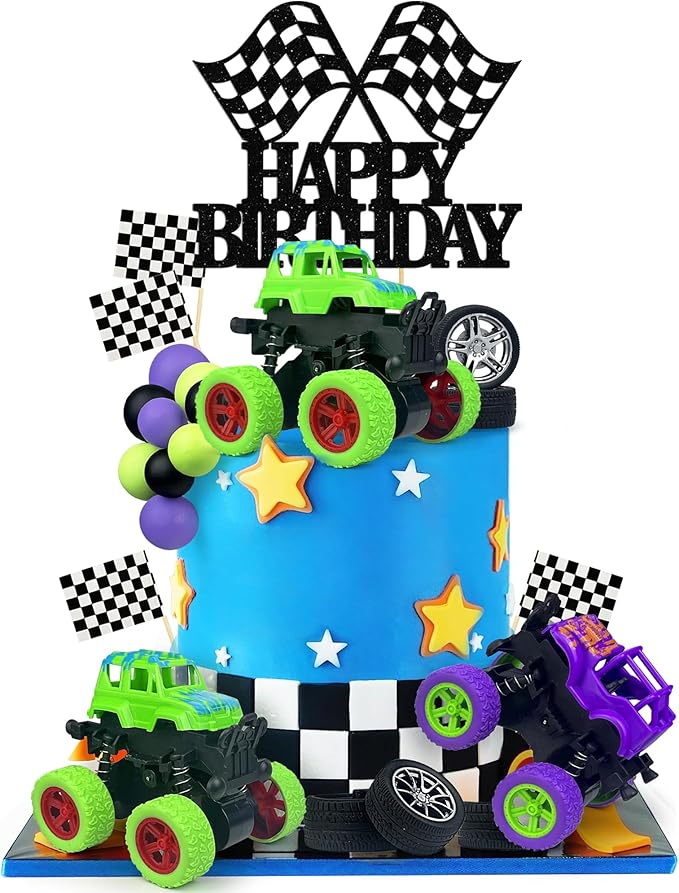29PCS Truck Cake Decoration 2 Purple 1 Green Off-road Vehicle Cake Top Decoration Deep Purple Light Green Black Balls Truck Themed Party Supplies