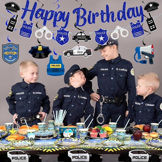 Zwiebeco Blue Black Silver Police Happy Birthday Banner Bunting Hanging Paper Swirls Garland Party Decorations for Boys Girls Kids Womens Mens Adults Police Themed Bday Decor Accessories Supplies