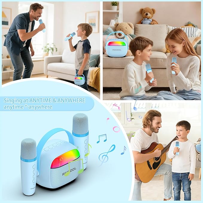 Karaoke Machine for Kids with 2 Wireless Microphones Portable Mini RGB Bluetooth Speaker Birthday Gift Toys for 3 4 5 6 7 8+ Year Old Boys
