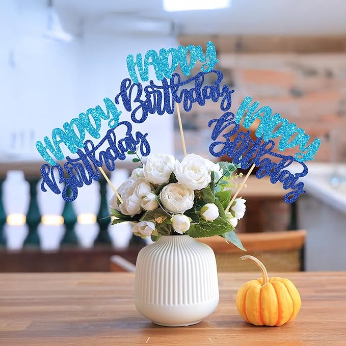 Gyufise 12Pcs Happy Birthday Centerpieces Sticks Double Sided Glitter Birthday Party Decorations Anniversary Table Flower Centerpiece for Celebrating Party Supplies Blue Dark Blue