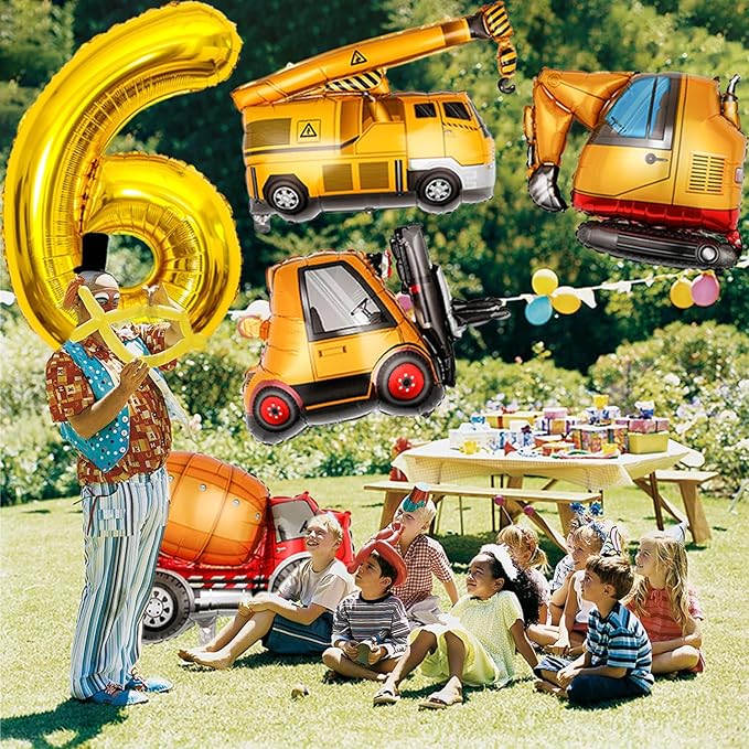 Construction Birthday Party Supplies 6 Year Old, Large Construction Balloons 40Inch Gold Number 6 Balloons Construction Truck Foil Balloons for Boys 6th Construction Birthday Party Decorations