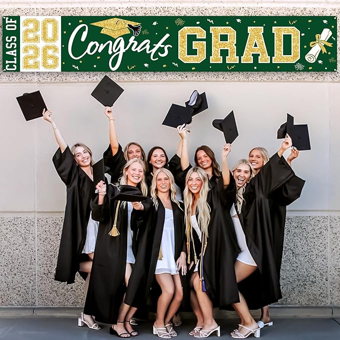 Graduation Banner Class of 2026 - Large Congrats Grad Yard Sign 2026 Green Gold Congrats Grad Banner Fence Yard Sign for Graduation Decorations Party Supplies