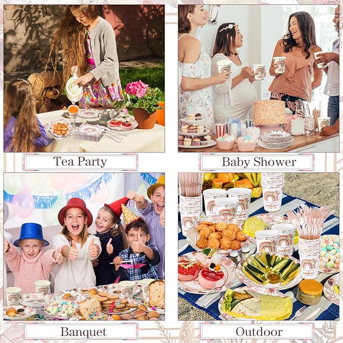 350 Pcs Boho Sunshine Baby Shower Party Supplies Rainbow Paper Plates Napkins Cups and Plastic Cutlery Party Tableware Set for Baby Shower Birthday Decorations, Serves 50